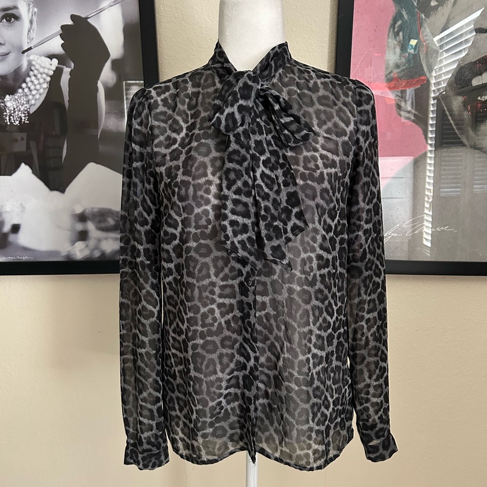Sheer Black Leopard Print Tie-Neck Blouse